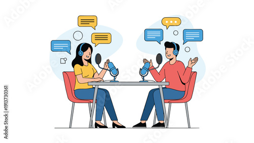 Male and female hosts conducting an engaging podcast interview with professional microphones and headphones in a recording studio.