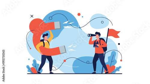 Two business professionals using a large magnet and binoculars to attract and identify new customers and potential leads for growth.