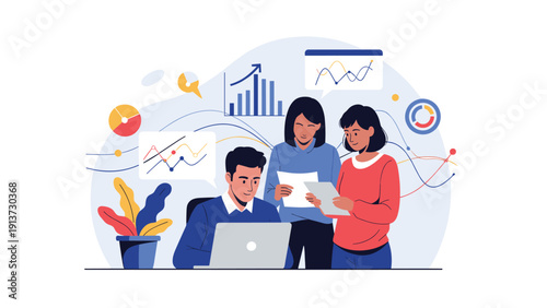 Team of creative professionals collaborating in an office while reviewing data charts and financial reports on a laptop computer.