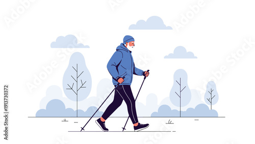Active senior man enjoying a healthy lifestyle while Nordic walking with poles through a peaceful park filled with stylized blue trees.