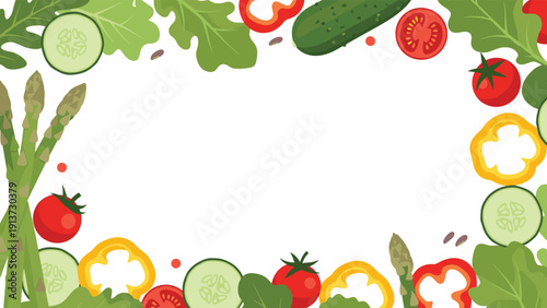 Healthy food border composed of various fresh vegetables like cucumbers, tomatoes, asparagus, bell peppers, and green lettuce leaves.