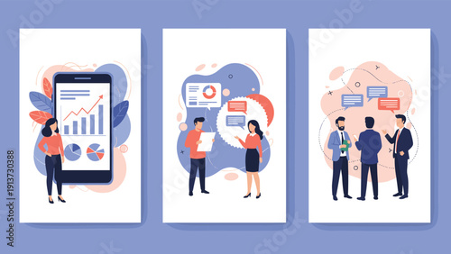 Three separate panels depicting business professionals discussing data analytics on mobile devices and collaborating in a corporate setting.