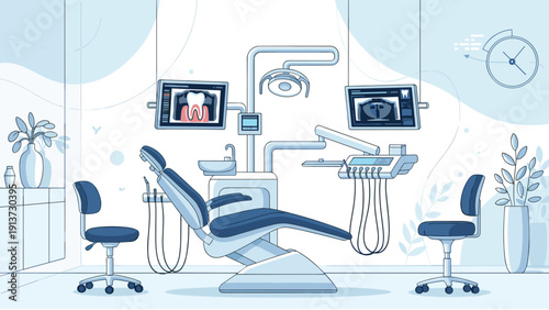 Modern and clean interior design of a dental clinic featuring an adjustable patient chair, digital monitors, and professional equipment.