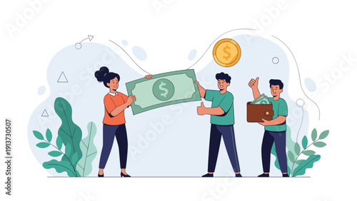 Team of young people celebrating financial success while holding a giant dollar bill and a large wallet full of cash.