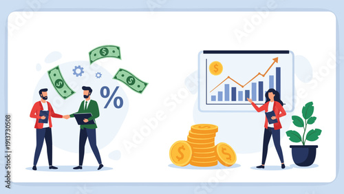 Business professionals shaking hands for a successful deal and financial analyst presenting a growth chart with gold coins.