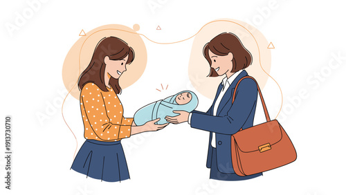 Mother handing her newborn baby over to a professional businesswoman representing the transition between parenting and career.
