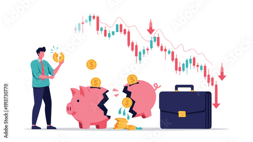 Sad businessman holding a broken coin next to a shattered piggy bank and a falling stock market chart representing bankruptcy.
