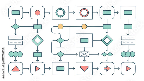 A complex flowchart diagram illustrating a multi-step process with various shapes and symbols