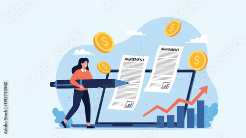 Professional woman using a large fountain pen to sign legal agreement documents on a laptop screen with financial growth charts and coins.