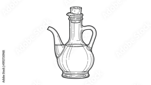 Detailed line art illustration of a traditional glass cruet bottle filled with liquid and sealed with a cork stopper for kitchen use.