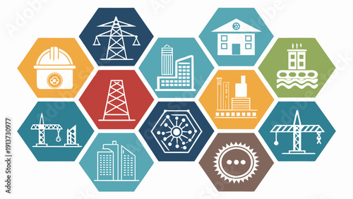 Collection of industrial icons representing various sectors and machinery in a hexagonal pattern from a direct viewpoint