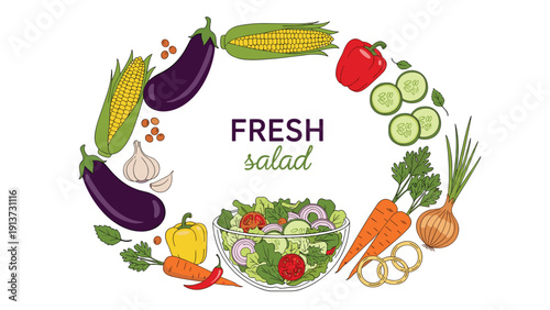 Vibrant circular wreath composed of various healthy vegetables including corn, eggplant, peppers, and carrots surrounding the words fresh salad.