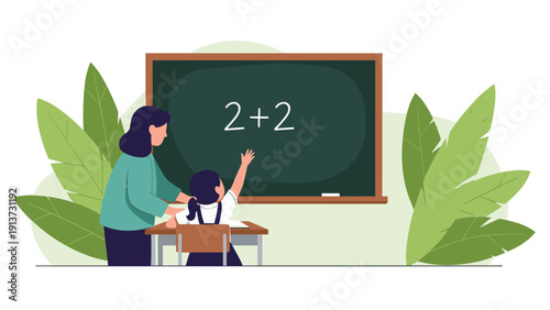 School teacher helping a young female student solve a simple addition problem on the chalkboard in a modern classroom setting.