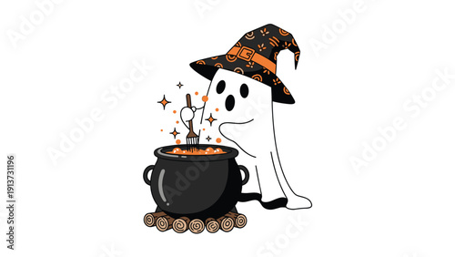 Cute white ghost wearing a decorated black witch hat while stirring a bubbling magical potion inside a dark cauldron over a fire.