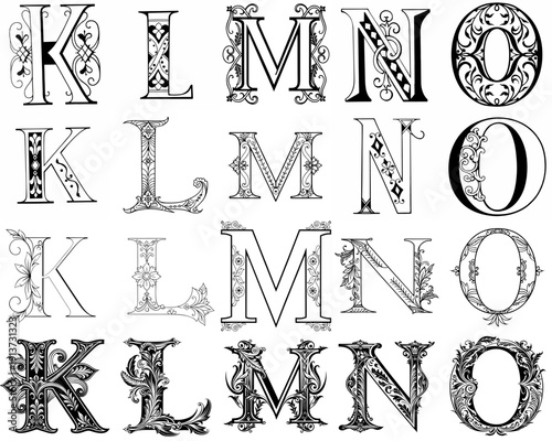 Elegant vintage initials K, L, M, N, O with intricate ornaments, made in black and white style, for the design of logos and wedding invitations, engraving style