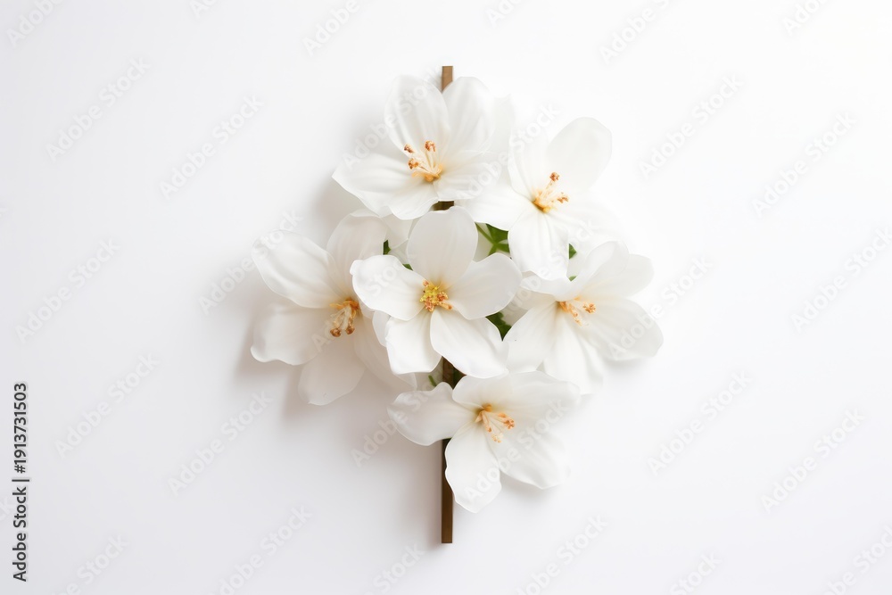 Fototapeta premium White jasmine flowers with delicate petals and golden stamens on a white background