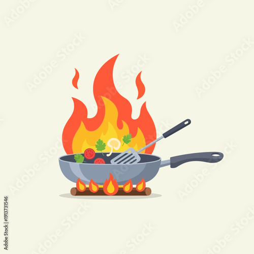 Cooking Pan on Fire Illustration – Frying Food Kitchen Flame Icon