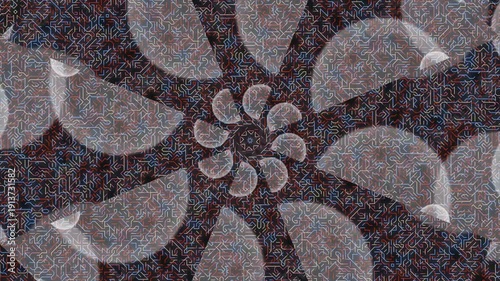 Close-up of a colorful mosaic tile pattern with a floral design in shades of brown, gray, and blue.