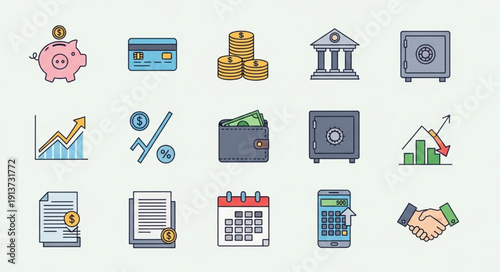 Financial Icons Representing Savings Investment and Security.