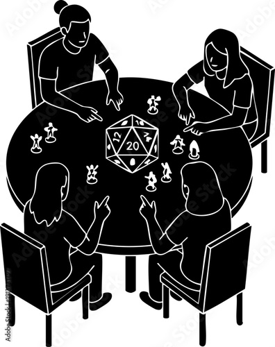 Tabletop RPG Night Silhouette Group Around Table with D20 Die and Character Miniatures Roleplaying Game Minimalist Flat Vector Icon
