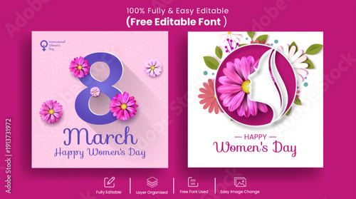 8 march women’s day celebrations social media posts bundle with women silhouette and floral backgrounds set square ads flyer poster pack promo designs banner web banner illustrations collections