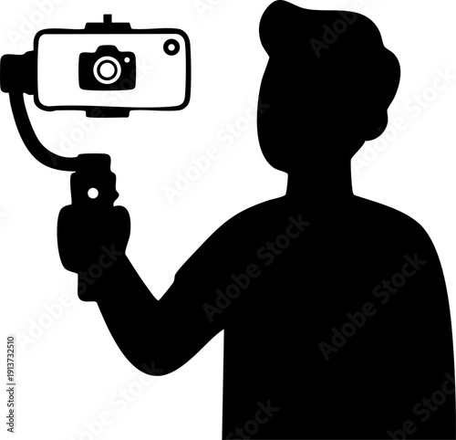 Vertical Vlogging Silhouette Person Holding Gimbal With Smartphone Content Creation Social Media Minimalist Flat Vector Icon