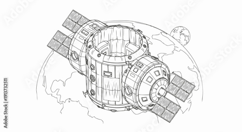 Space Station Technical Illustration Detailed Drawing.
