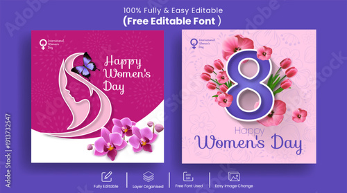 8 march women’s day celebrations social media posts bundle with women silhouette and floral backgrounds set square ads flyer poster pack promo designs banner web banner illustrations collections