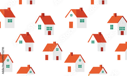 Cute Small Houses Seamless Pattern Flat Vector Illustration with Red Roof Homes and Simple Architecture Background