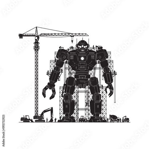 Silhouette of Giant Sci-Fi Robot Construction Site with Crane and Workers
