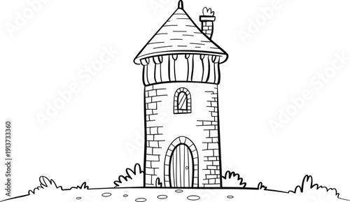 Cartoon medieval tower vector illustration fantasy castle turret stone building fairytale architecture isolated outline drawing decorative historic structure clipart