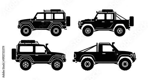 Four Black Silhouette Off Road Vehicles Collection.