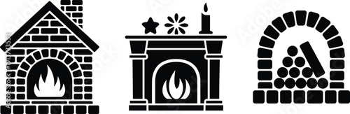 Fireplace icons set vector silhouettes traditional hearth chimney fire symbols home heating decorative interior clipart collection isolated illustration