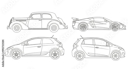 Four different car blueprints shown side view.