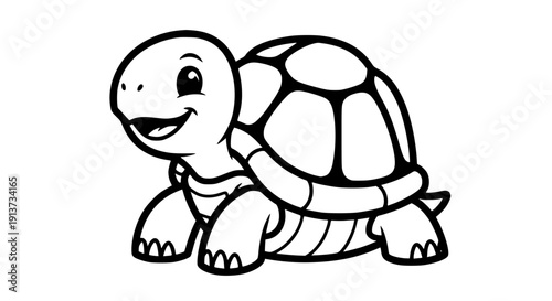 Smiling turtle cartoon character with big eyes and shell on transparent background