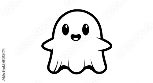 Cute cartoon ghost character with big eyes and smiling face on transparent background