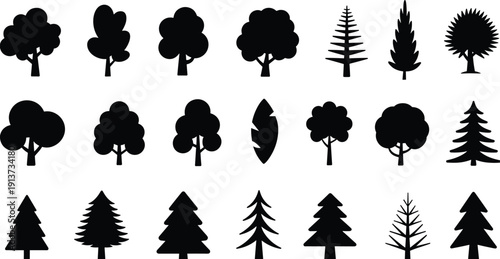 Tree silhouette vector set assorted deciduous evergreen forest plant icons black botanical shapes isolated nature landscape design collection