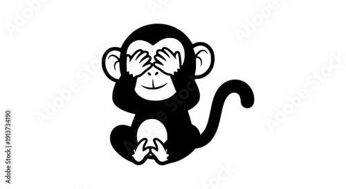 A cute monkey covering its eyes with hands sitting on transparent background