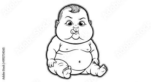 Chubby baby sitting with pacifier in mouth on transparent background