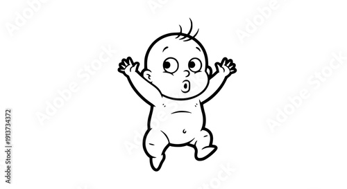 Surprised baby jumping with arms up on transparent background