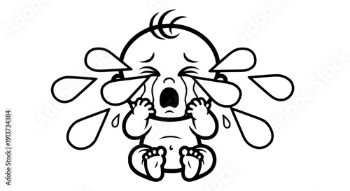 Crying baby cartoon character with tears on face and hands on cheeks isolated on transparent background