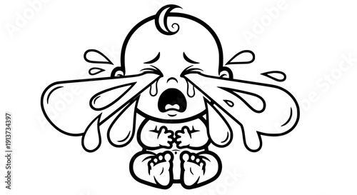 High-quality vector illustration of a cute cartoon baby crying with tears, expressing sadness or distress, perfect for emotional, childcare, or parenting designs.