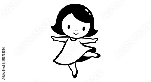 Charming vector illustration of a cute cartoon girl joyfully flying with arms outstretched, evoking happiness and freedom, perfect for children's books, apps, and cheerful designs.