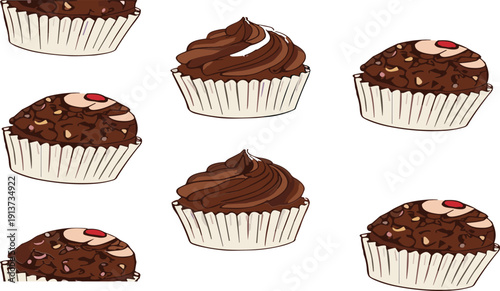 Hand Drawn Chocolate Cupcakes Set with Cream Frosting and Nut Toppings Isolated on White Background Vector Illustration