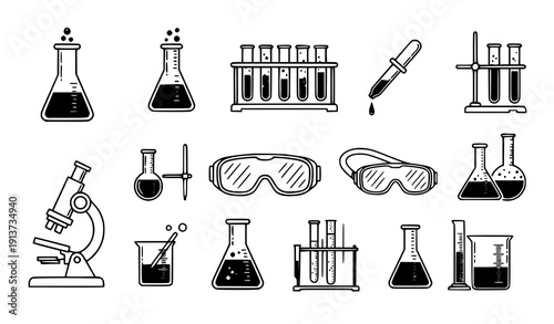Chemistry Research Laboratory Equipment Black Line Icons