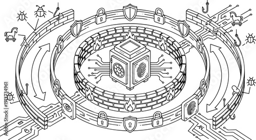 Vector Line Art of Cyber Security Firewall: Digital Vault Protected by Shields and Biometric Locks against Trojan Horses, Phishing Hooks, and Malware Bugs