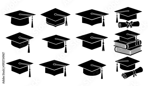 Graduation Cap Silhouette Icon Set Black Vector Collection