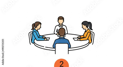 Four people sitting around a round table discussing ideas.