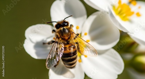 Macro close up of bee on white flower collecting pollen in nature