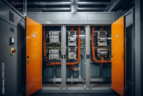 Wallpaper Mural Industrial electrical cabinet featuring wires, circuit breakers, and power connection infrastructure Torontodigital.ca